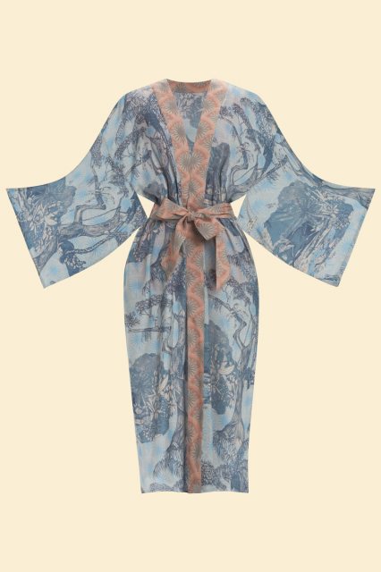 Powder Tropical Toile Kimono Gown - Denim & Petal