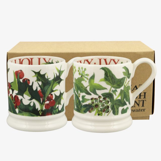 Emma Bridgewater Holly & Ivy Set of 2 1/2 Pint Mugs Boxed