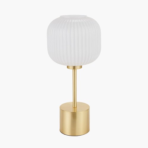 Bella White Ribbed Glass & Gold Metal Squoval Table Lamp