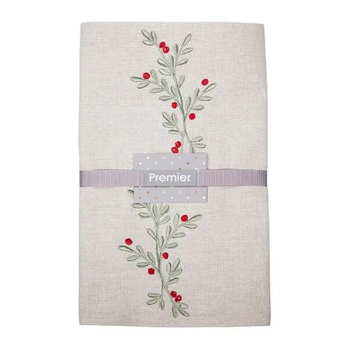 Premier Holly Berry Embroidered Chambray Tablecloth