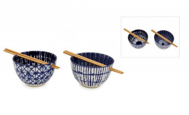 Blue Print Bowl & Bamboo Chopsticks 14cm
