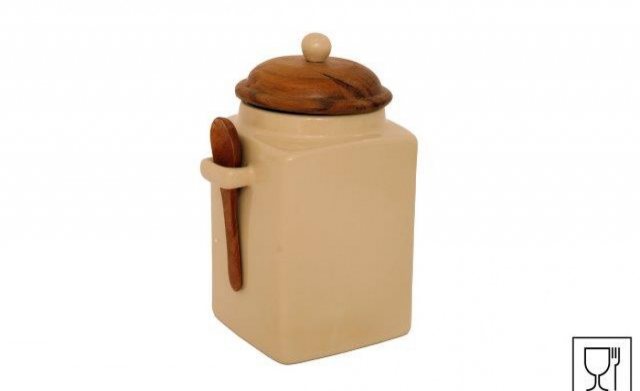 Tall Stoneware Jar With Acacia Wooden Top & Spoon