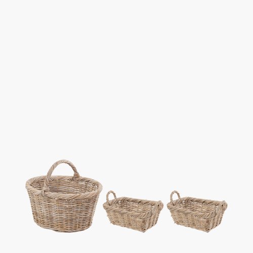 Pacific Tobs Set of 3 Grey Kubu Rattan Oval Shopping Basket with 2 Rectangular Storage Baskets