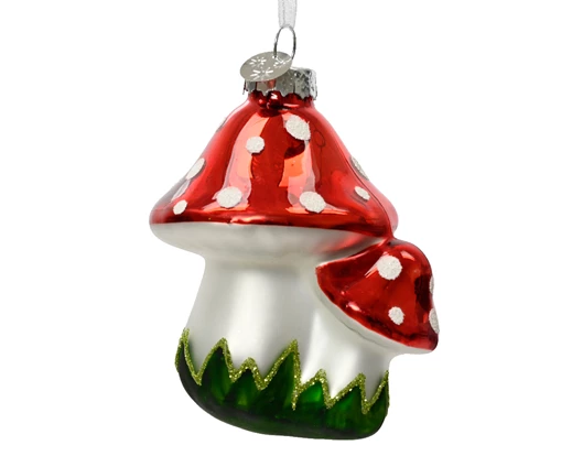 Red Mushroom Green Glitter Glass Christmas Decoration