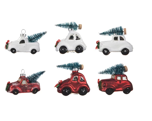 Car with Christmas Tree On Roof Glass Christmas Decoration - Assorted