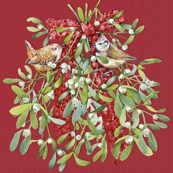 IHR Napkins Birds In Mistletoe Red