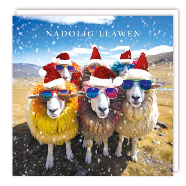 Nadolig Llawen Sheep In Sunglasses Christmas Cards - 5 Pack