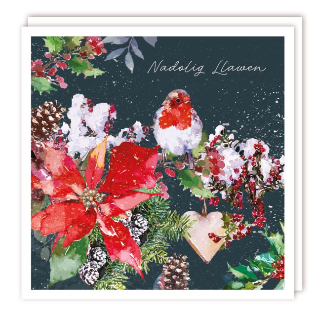 Nadolig Llawen Robin & Ponsietta Christmas Cards - 5 Pack
