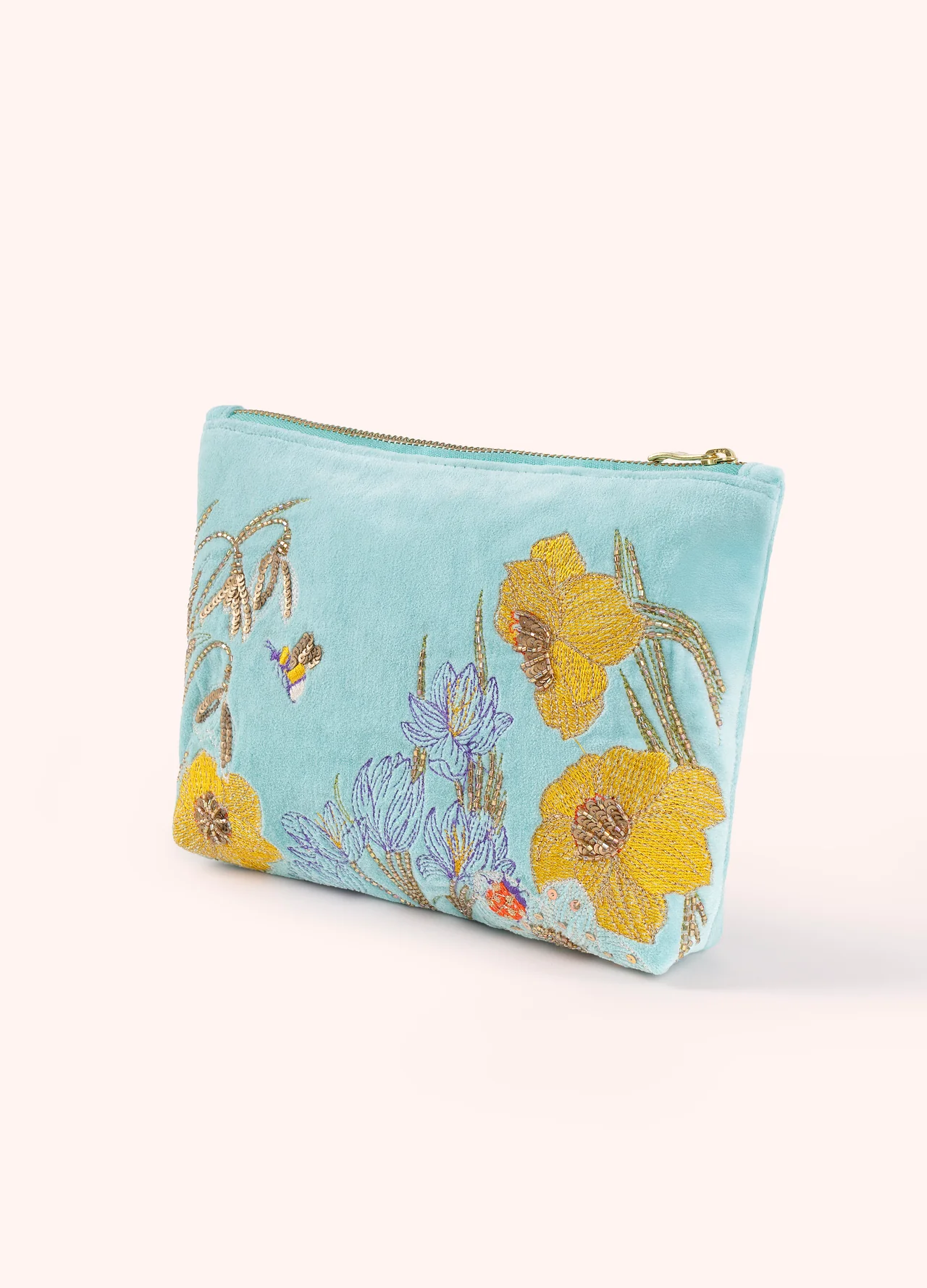 Powder Mid Sized Velvet Embroidered Zip Pouch - Wildflower Meadow