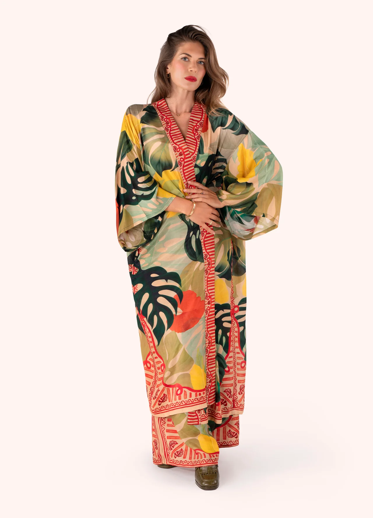 Powder Kimono Gown - Exotic Leaves