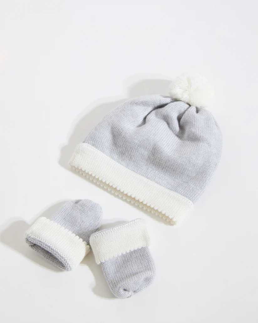 100% Merino Newborn Baby Hat and Mittens - Grey
