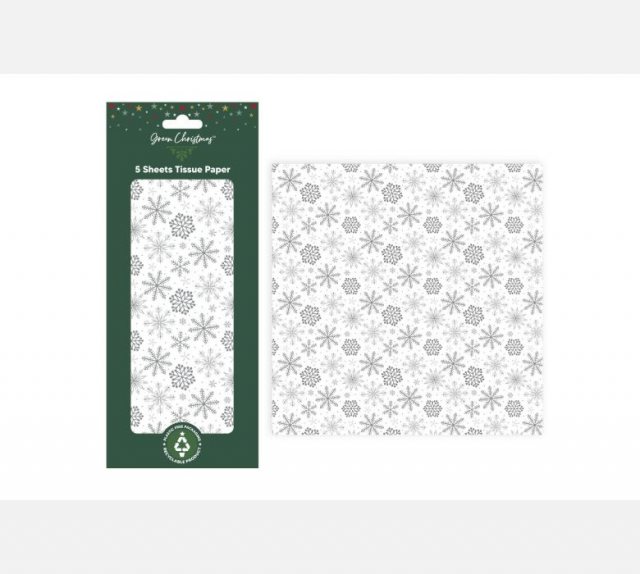 Green Christmas Tissue Paper Silver Snowflake 5 Sheets