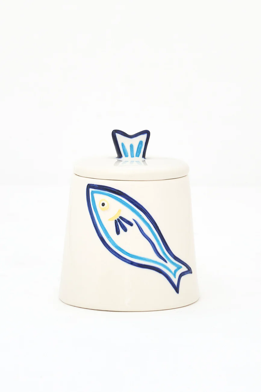 Batela Stoneware Sugar Bowl with Painted Fish