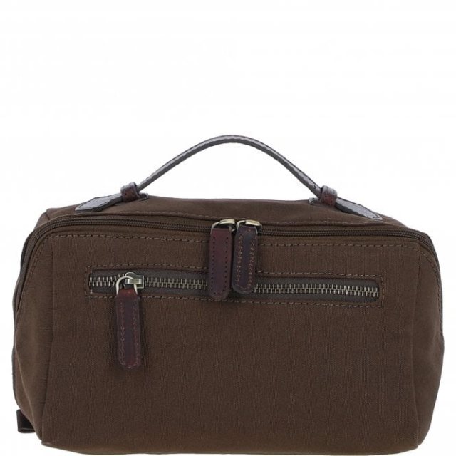 Fenland Canvas & Leather Wash Bag - Brandy/Green FEN759
