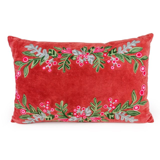 Candlelight Holly & Berries Embroidered Cushion 40x60cm Red