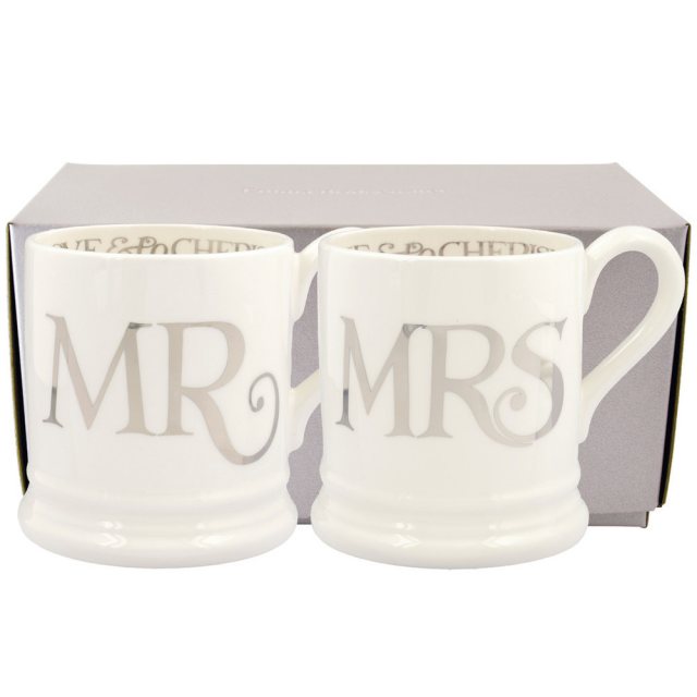 Emma Bridgewater D/C   Silver Toast Mr & Mrs S/2 0.5pt Mugs Boxed