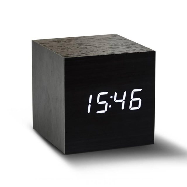 Gingko Cube Black Click Clock White LED