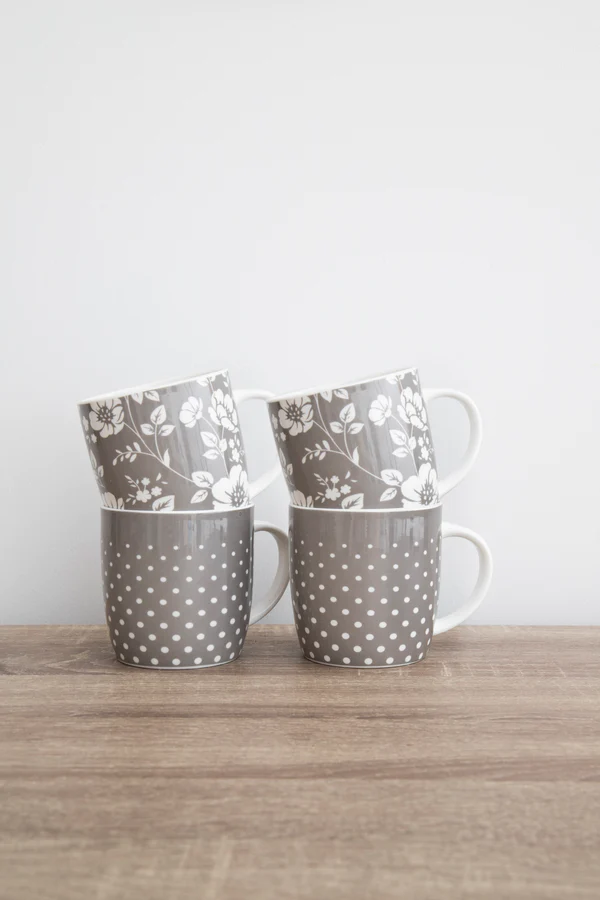 Kitchen Craft Grey Floral / Polka Dot Mug - Set of 4