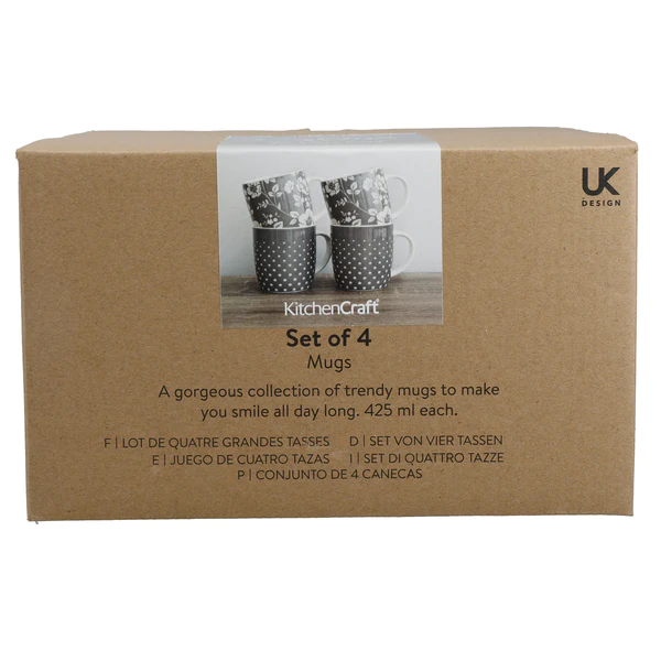 Kitchen Craft Grey Floral / Polka Dot Mug - Set of 4