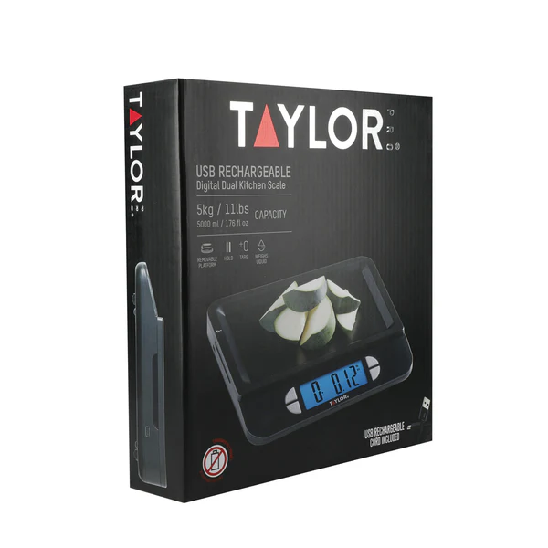Taylor Pro Accurate USB-Rechargeable Kitchen Scales with Tare Function in Gift Box, Stainless Steel