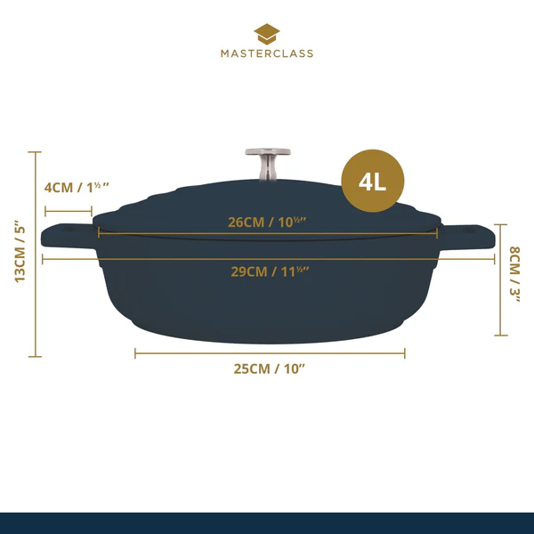 MasterClass Shallow 4 Litre Casserole Dish with Lid - Metallic Blue