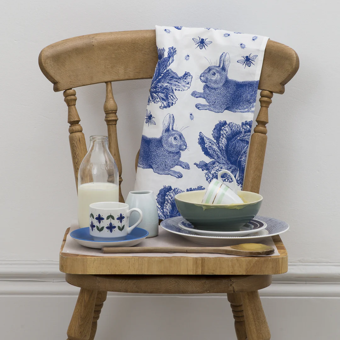 Thornback & Peel Rabbit & Cabbage Delft Blue Tea Towel