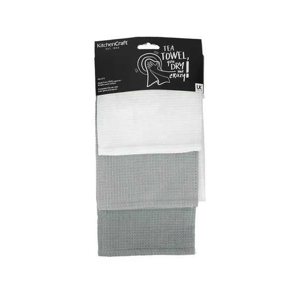 KitchenCraft Cotton Waffle Tea Towels Set of 3 - Greys