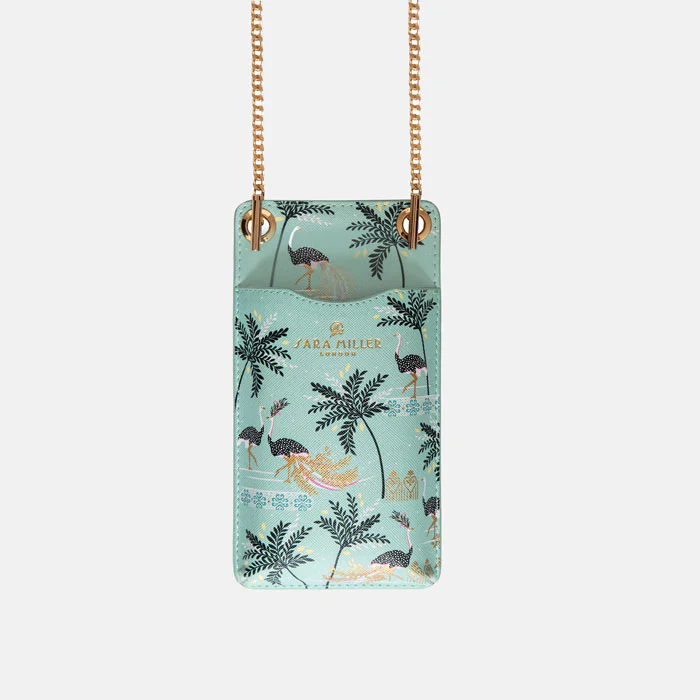 Sara Miller Phone Pouch - Mint Ostrich & Palms