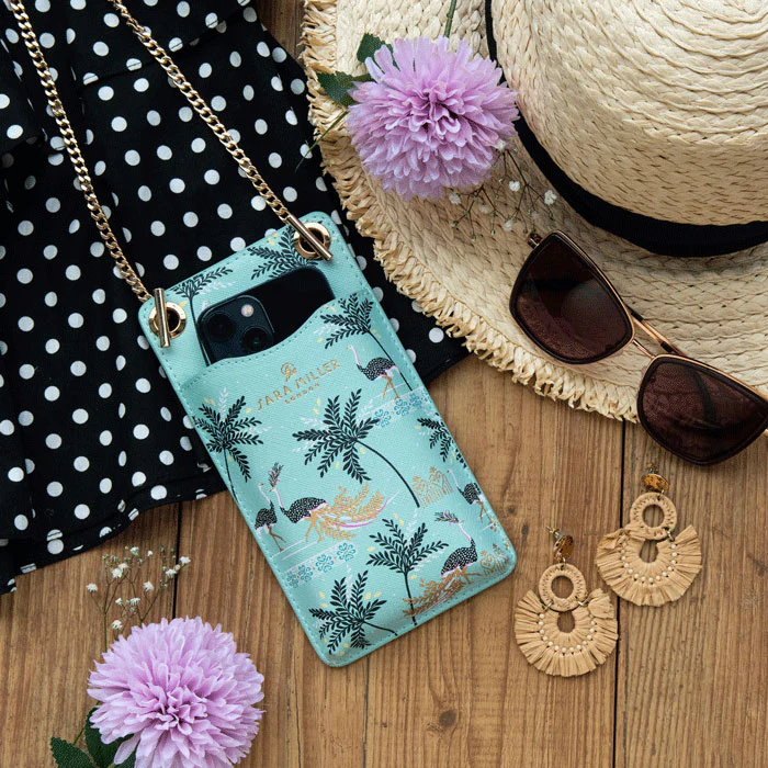 Sara Miller Phone Pouch - Mint Ostrich & Palms