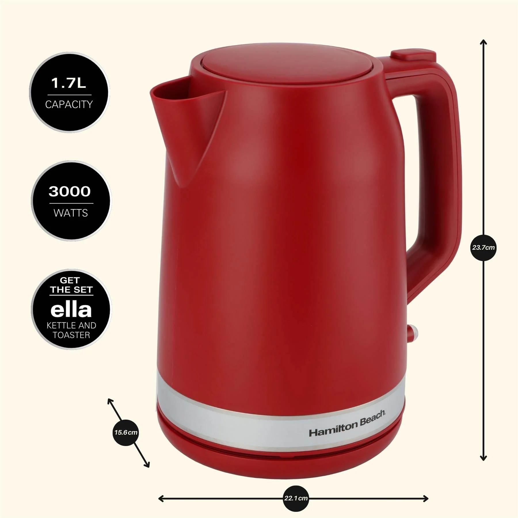 Hamilton Beach Ella 1.7L Kettle - Matte Red