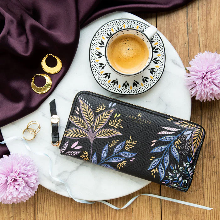 Sara Miller Large Zip Purse - Black Botanic