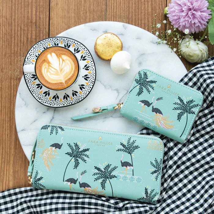 Sara Miller Small Zip Purse - Mint Ostrich & Palms