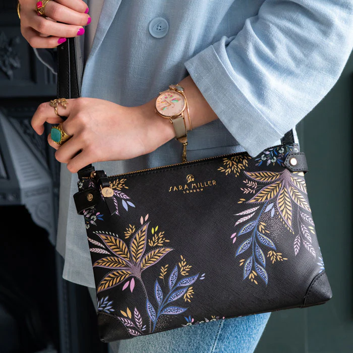 Sara Miller Zip Top Crossbody Bag- Black Botanic