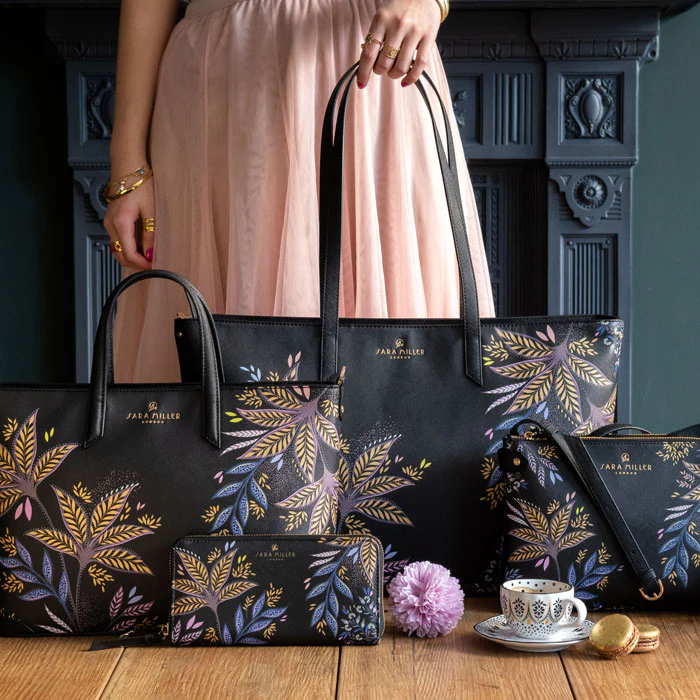 Sara Miller Zip Top Crossbody Bag- Black Botanic