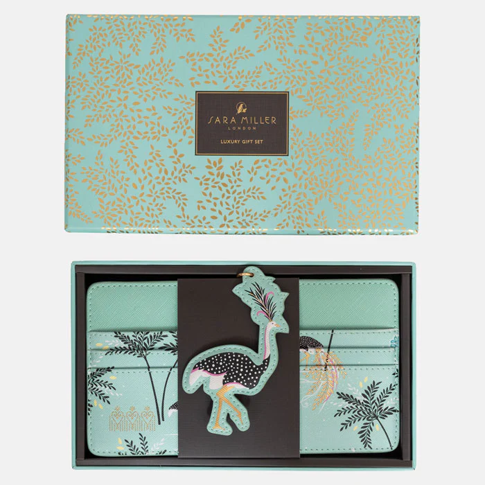 Sara Miller Travel Organiser and Keyring Gift Set - Mint Ostrich & Palms