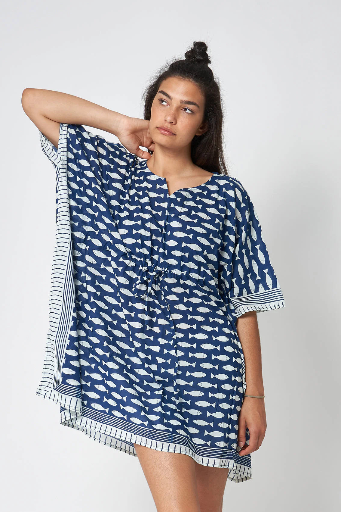 Batela Fish Print Poncho with Blue Background