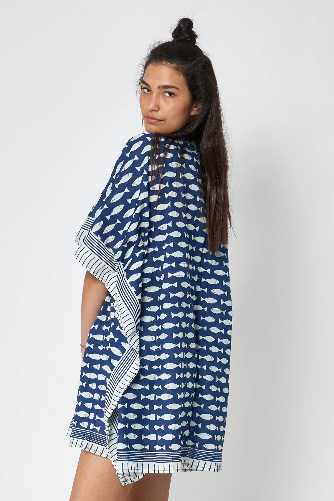 Batela Fish Print Poncho with Blue Background