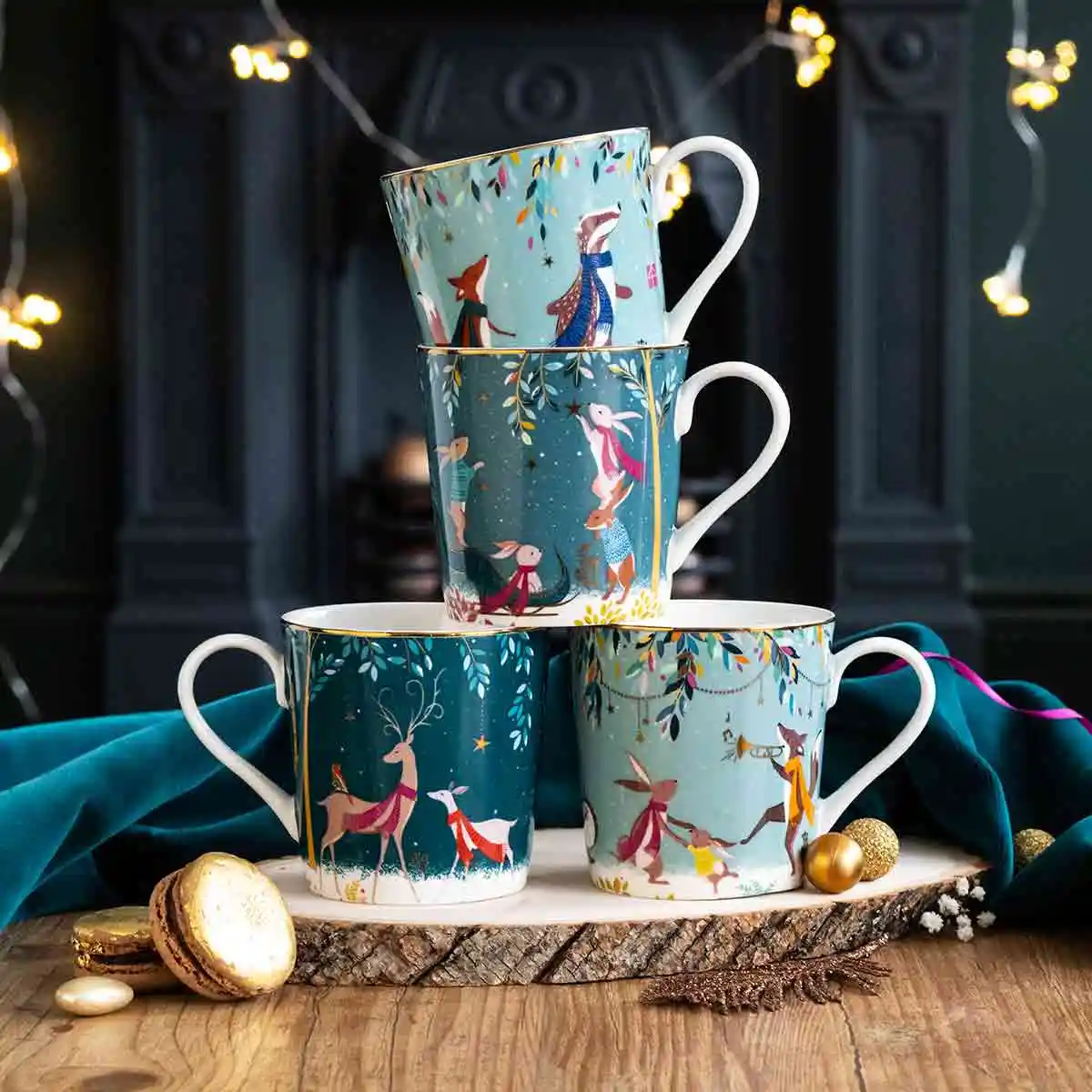 Sara Miller Woodland Tales Set of 4 Mugs Assorted