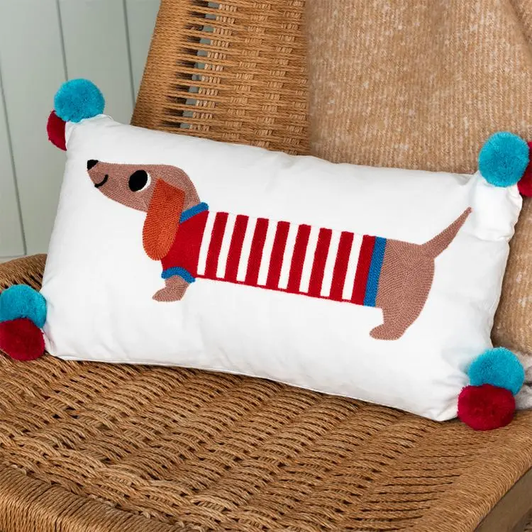 Rex London Embroidered Cushion with Pom Poms - Sausage Dog
