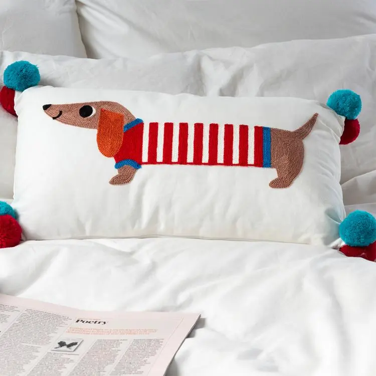 Rex London Rex London Embroidered Cushion with Pom Poms - Sausage Dog
