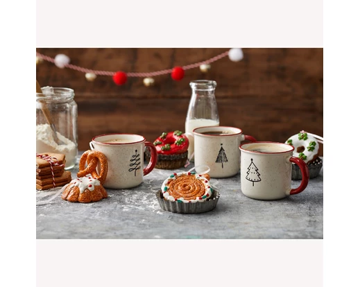 Christmas Tree Porcelain Mug with Red Rim & Handle