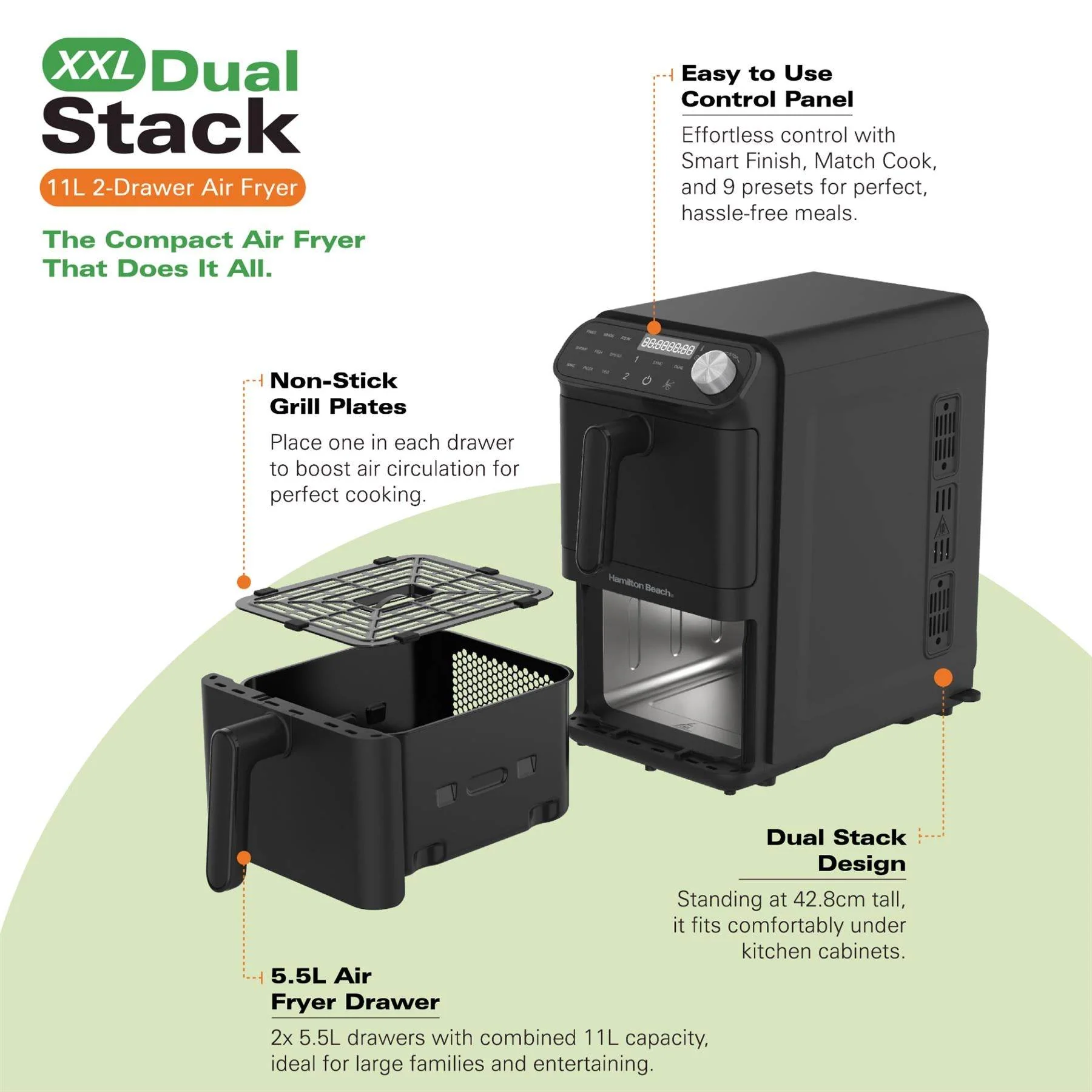 Hamilton Beach XXL Dual Stack 2 Drawer Air Fryer 11L