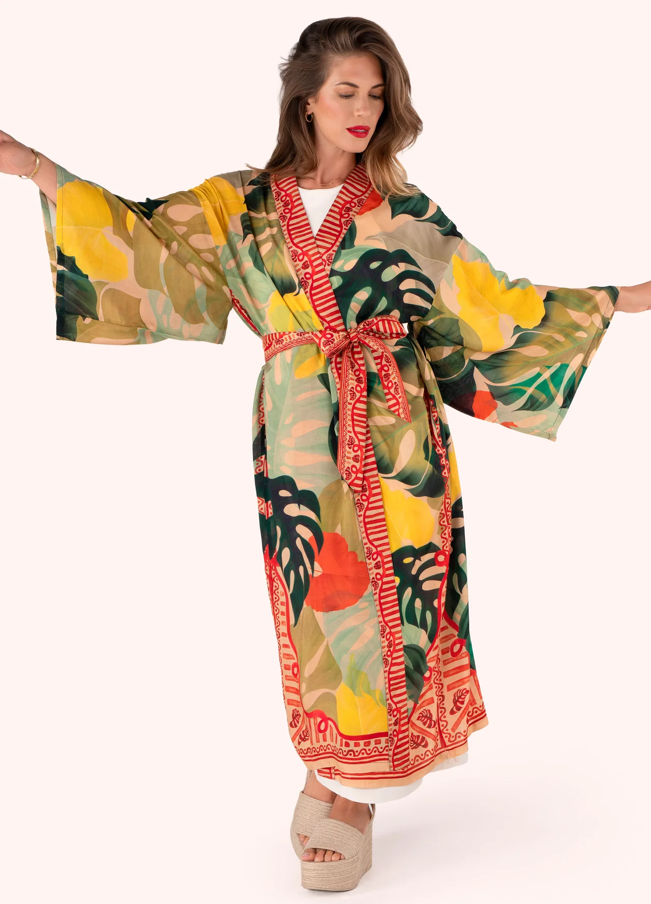 Powder Powder Kimono Gown - Exotic Leaves