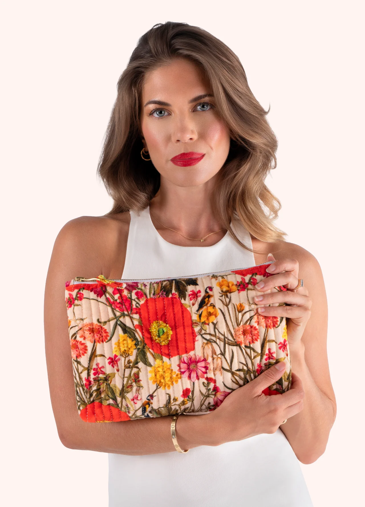 Powder Quilted Velvet Zip Pouch - Fine Flowers