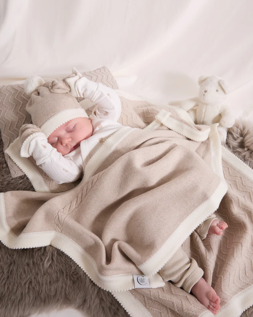 100% Merino Cable Plain Baby Blanket- Cappuccino