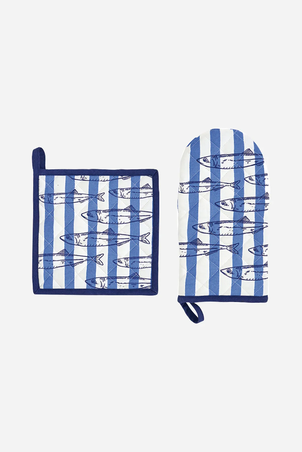 Batela Striped Oven Mitt & Pot Holder Set With Fish Motif