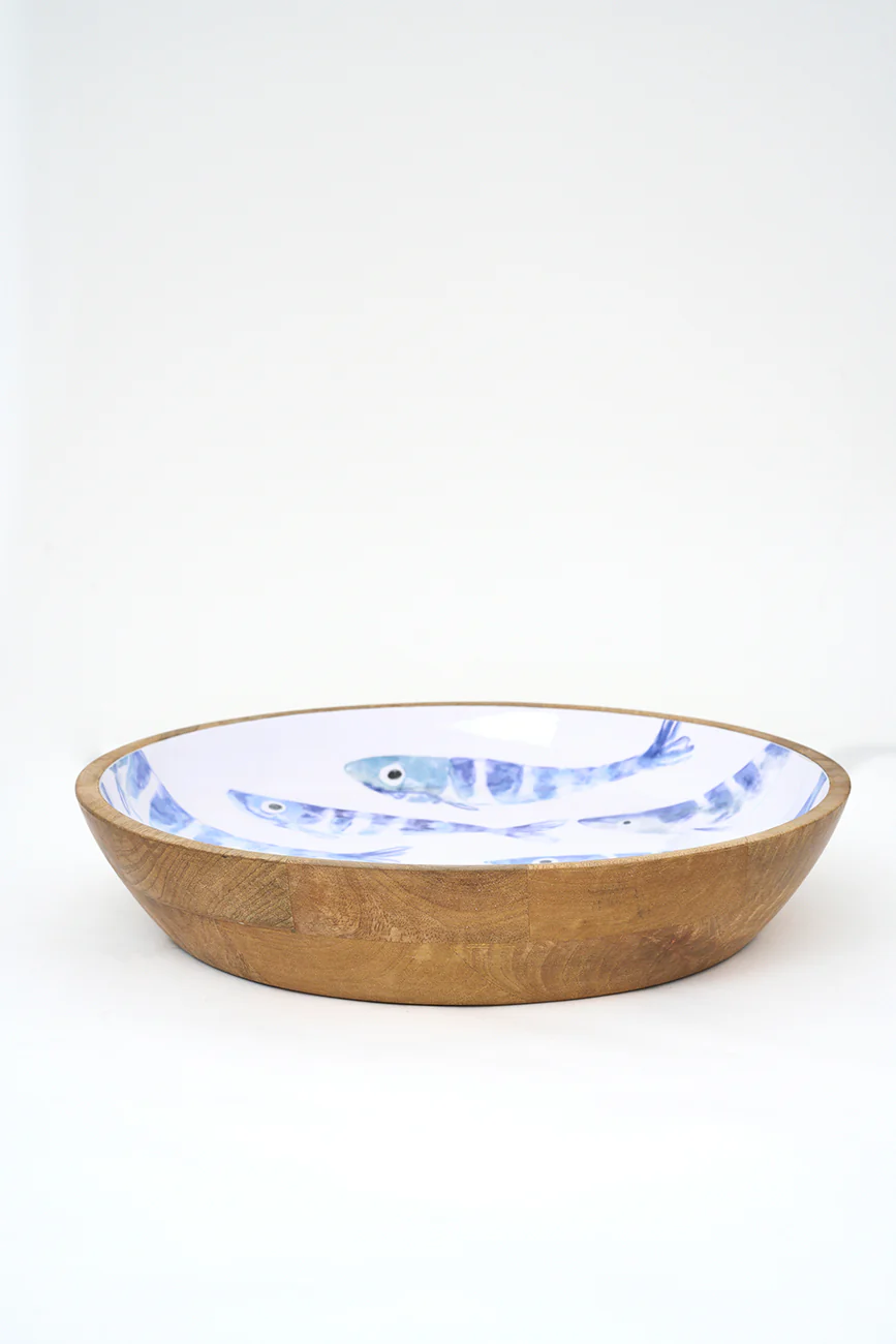 Batela Large Enamel Wooden Bowl With School Of Fish 42cm