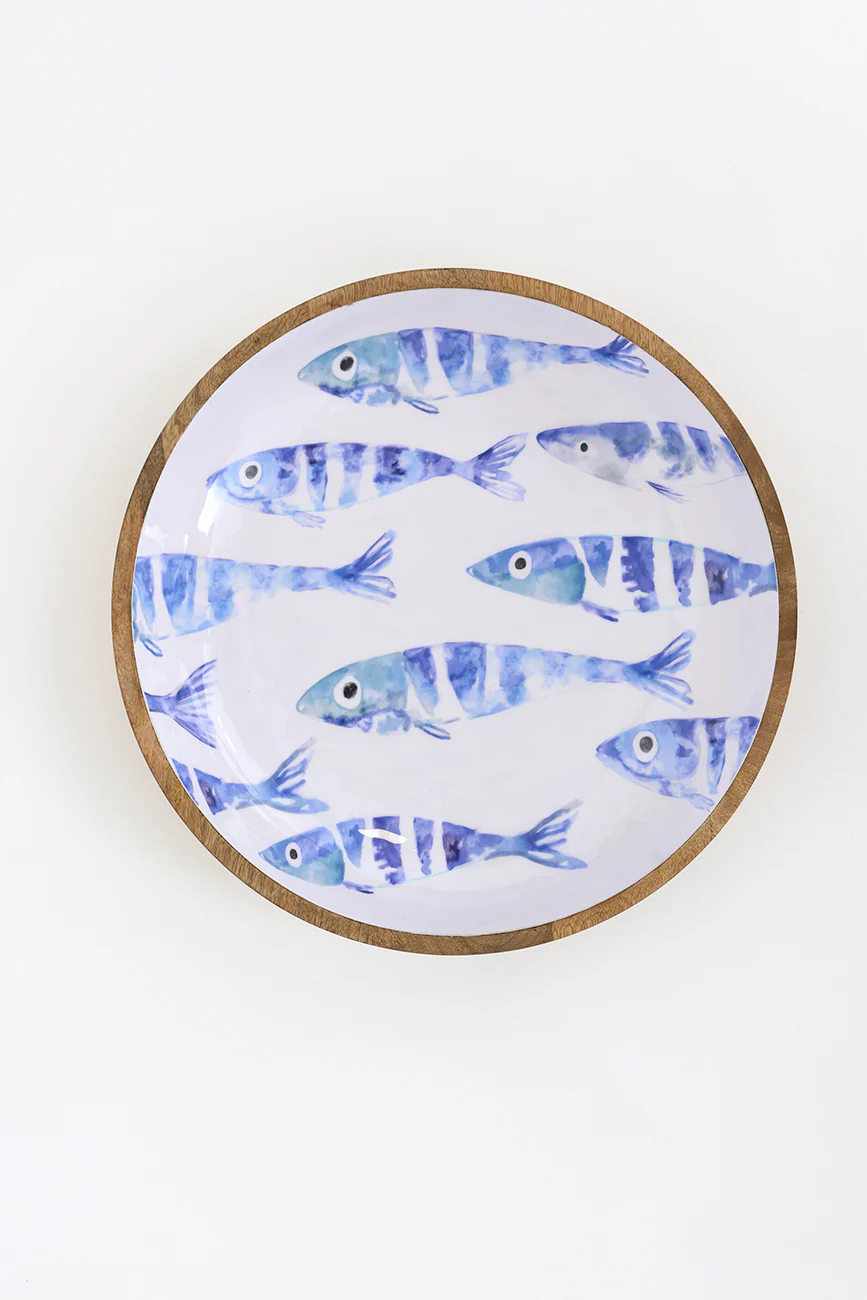 Batela Batela Large Enamel Wooden Bowl With School Of Fish 42cm