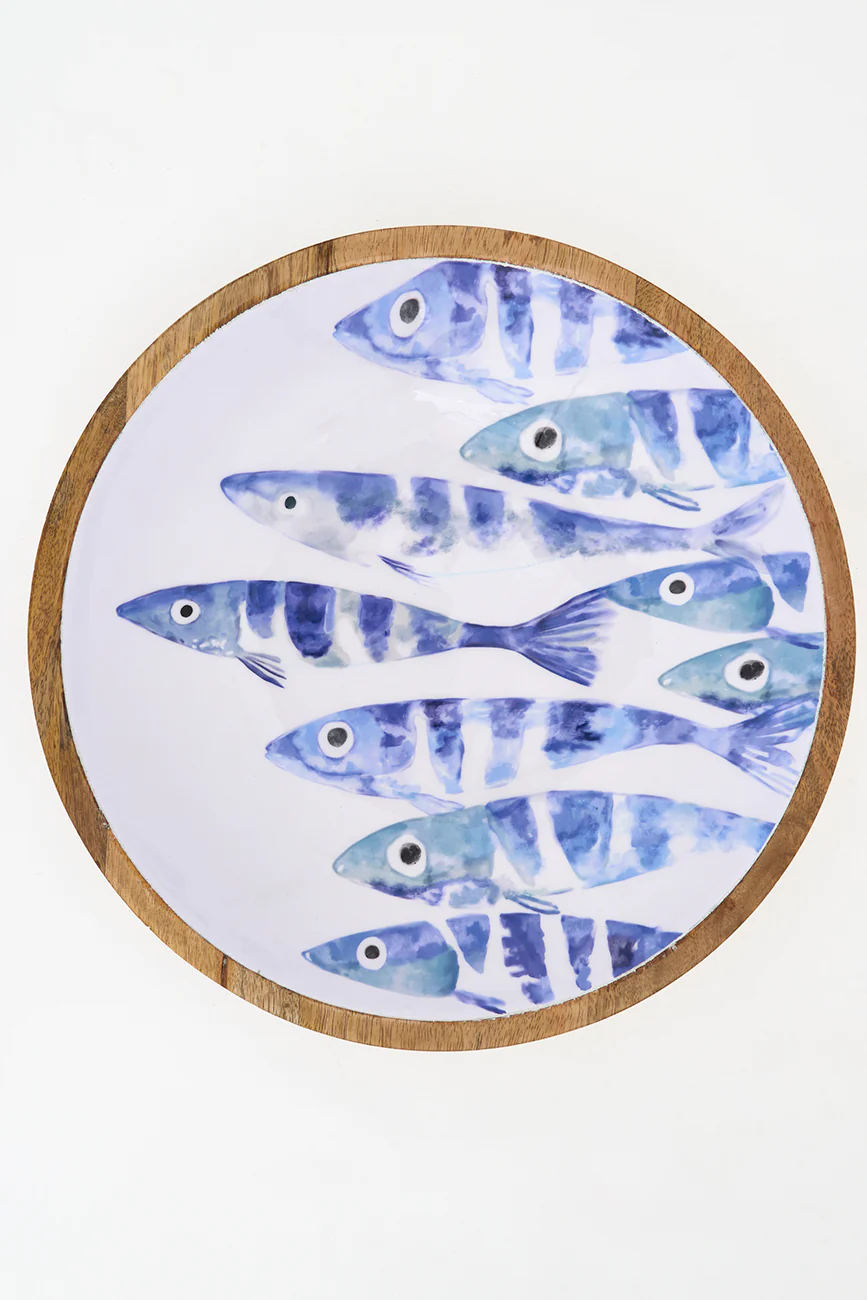 Batela Medium Enamel Wooden Bowl School Of Fish 35cm