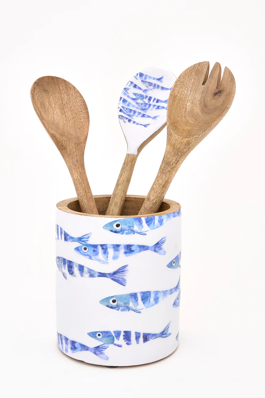 Batela Enamel Wooden Cutlery Container School Of Fish